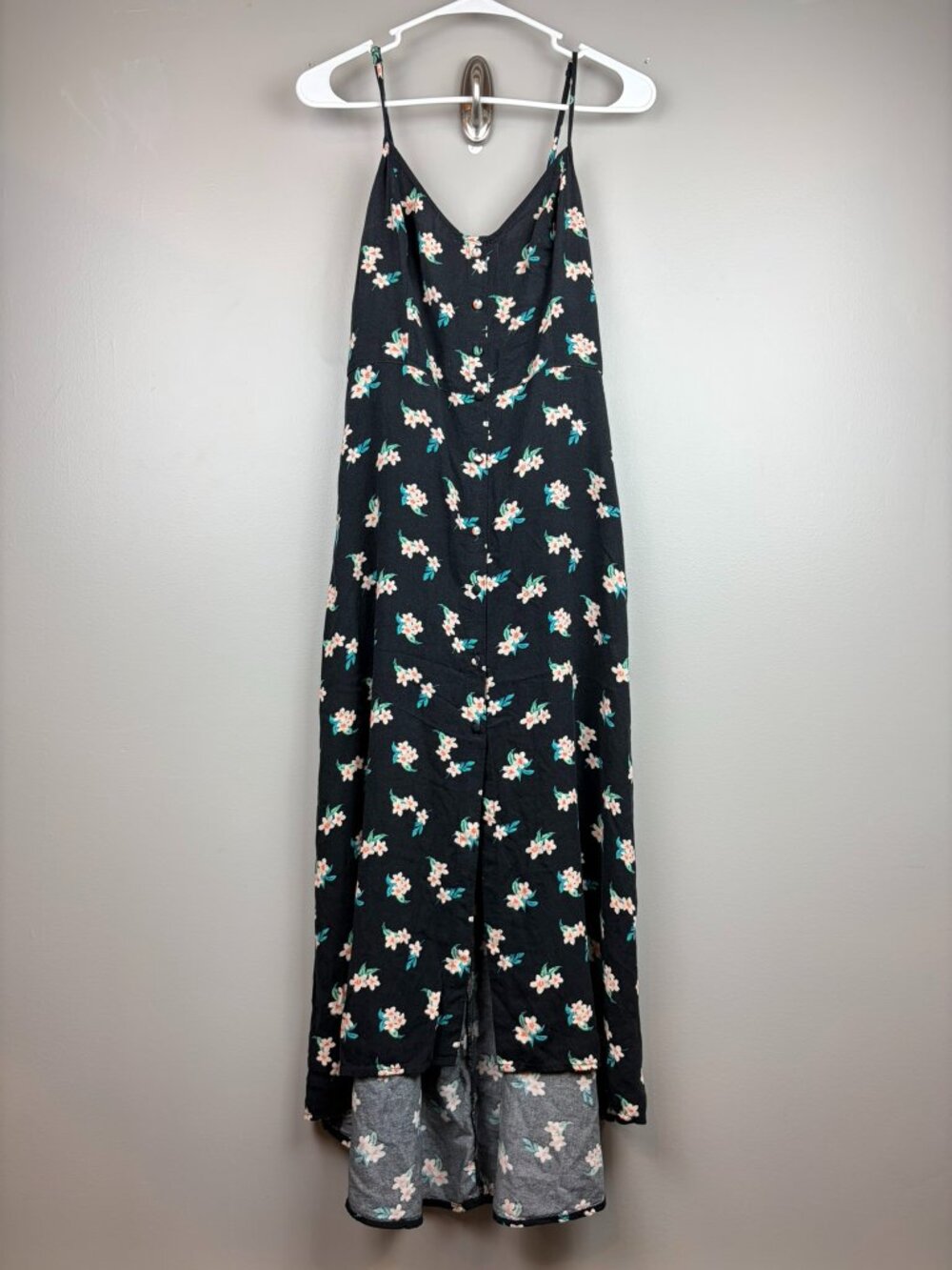 Hollister Co. Floral Midi Dress Black WIth Pink Flowers Button Up Front Size Med
